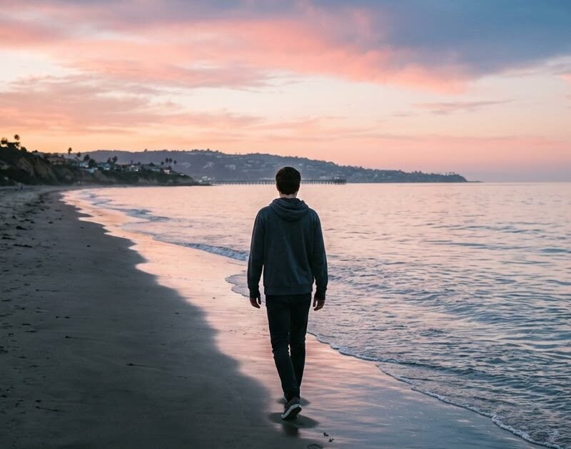 Young adult walking alone along La Jolla Shores at dawn, early sobriety and sleep